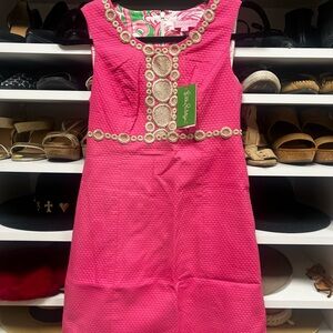Lilly Pulitzer hot pink dress with gold lace detail